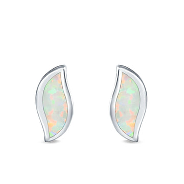 Leaf Stud Earrings Lab Created White Opal 925 Sterling Silver (11mm)